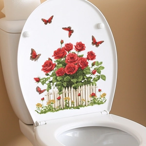 Adesivo per sedile WC con rose rosse, recinzione bianca e farfalle per decoro bagno