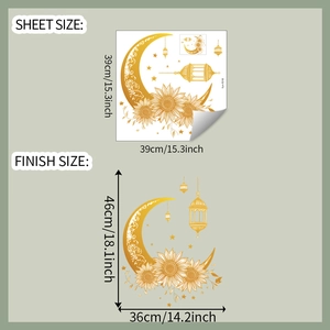 Detailed view of golden moon and sunflower wall stickers with dimensions 46x36cm