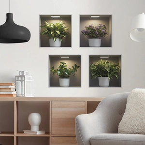 Set of four 3D effect green plant wall stickers for living room background decoration