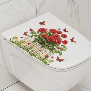 Adesivo per coperchio WC con rose rosse farfalle e recinto bianco per decoro bagno