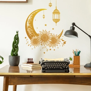 Gold Moon Sunflower Wall Sticker Metallic PVC Crescent Flower Stars Lantern Decal For Bedroom Living Room Home Decoration