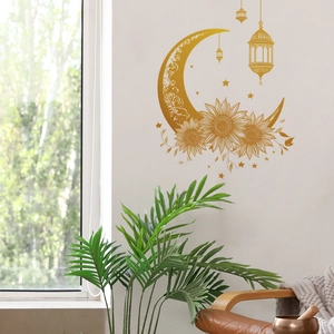 Golden crescent moon, sunflowers, and hanging lamps wall decal for home decoration