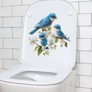 Wandsticker mit Cartoon-Vögeln und weißen Blumen für Badezimmer-WC-Deckel-Dekoration
