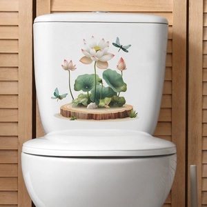 Waterproof Chinese style lotus flower toilet decal with green leaves and dragonfly