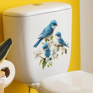 Cartoon Blaue Vögel und weiße Blumen Wandaufkleber für WC- und Baddekoration