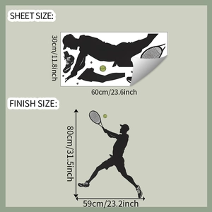 Sticker mural tennisman silhouette, dimensions de la feuille et taille finale suggérée