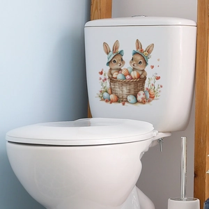 Easter bunny and eggs decal on white ceramic toilet tank with a vintage floral design