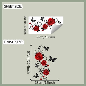 Detail showing the sheet size and finish size of red rose and black butterfly wall stickers
