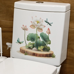 Waterproof lotus flower toilet lid sticker with pink blossoms and green leaves