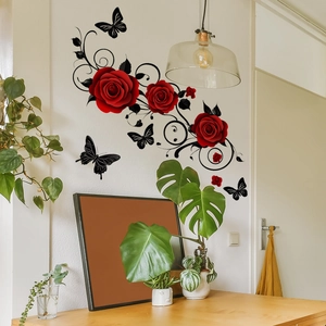 Romantic red rose wall stickers with black butterflies for home living room decor
