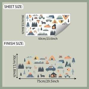 Camping wall stickers set with tents and mountains showing sheet and finish dimensions