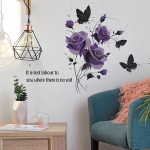 Adesivo murale con rosa viola e farfalle e citazione inglese per decorazione casa