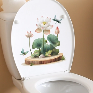 Chinese style lotus and dragonfly waterproof wall sticker decoration on white toilet lid