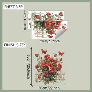 Detailed wall sticker dimensions showing 30x59cm sheets and 65x56cm finished rose design