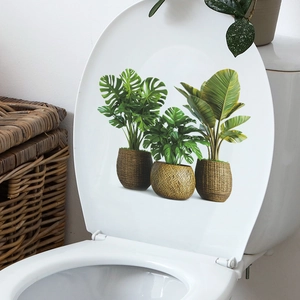 Self-adhesive tropical green plant pot stickers for bathroom toilet lid decoration