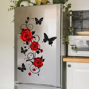 Red rose and black butterfly wall stickers set for home living room background decor