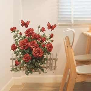 Romantic red rose wall decal with wooden fence and butterflies for home wall decoration