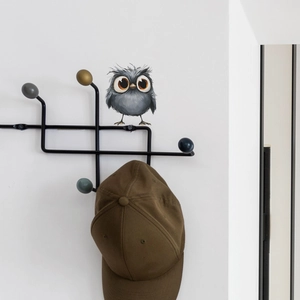 Cartoon painted owl wall sticker for bedroom decor with large orange eyes and grey feathers