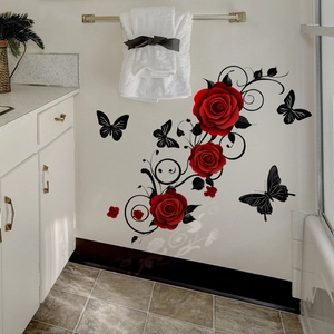 Elegant red roses and black butterfly wall decals for modern bedroom or bathroom decor