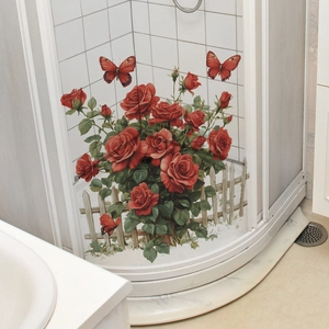 Romantic red rose wall sticker with butterflies and white fence for home decoration