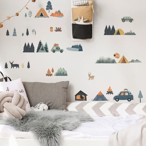 Camping themed wall stickers with mountains and tents in Morandi tones for kids room