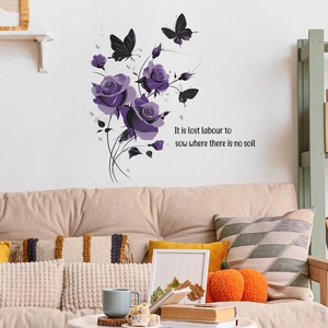 Adesivi murali rose viola con farfalle nere e citazione per decorazione casa e camera