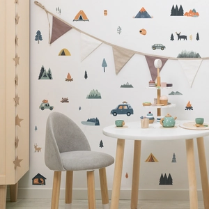 Nordic cartoon wall stickers with camping tents, vintage cars and mountains for kids room