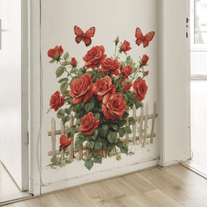 Romantic red rose wall stickers with green leaves, butterflies, and garden fence decor