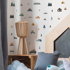 Cartoon outdoor camping wall stickers with mountains and forest for kids bedroom decor