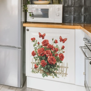 Romantic red rose floral wall decals with butterflies and fence for home kitchen decor
