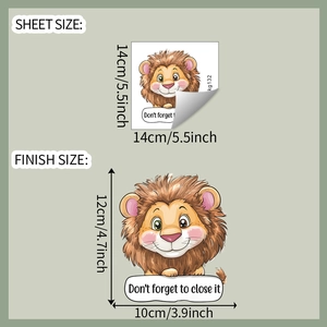 Detail view of cartoon lion sticker with Don't forget to close it text and sheet dimensions