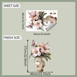 Detail view of flower vase wall sticker showing layout size 40x60cm and finish size 57x40cm