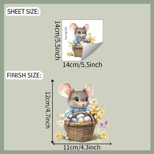 Detailed view of cartoon mouse wall sticker with Easter eggs and product dimensions