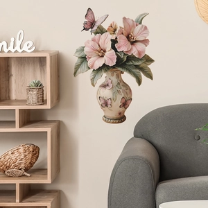 Realistic 3D flower vase wall sticker with pink hibiscus and butterflies for home decor