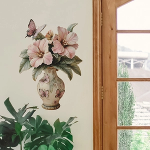 Detailed 3D wall decal showing pink hibiscus flowers in a vase with butterflies