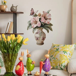 3D pink hibiscus wall decal in classical vase with butterfly detail for home decor