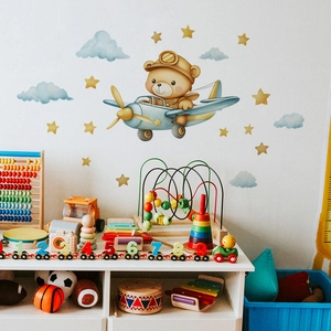 Cartoon bear flying blue plane wall sticker with golden stars for kids bedroom decor