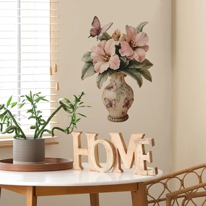 3D vintage vase wall sticker with pink hibiscus flowers and butterflies for home decor