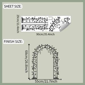 Detailed sheet and finish size dimensions for black floral arch wall decal stickers