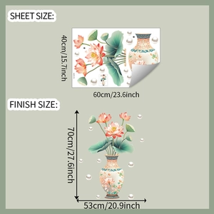 Detailed size specifications for pink lotus flower and ceramic vase wall stickers