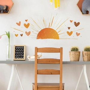 Boho style sun and heart wall decal set in warm terracotta tones for home decoration