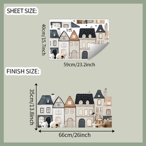 Stickers muraux maisons cartoon avec dimensions de planche 40x59cm et rendu final 35x66cm