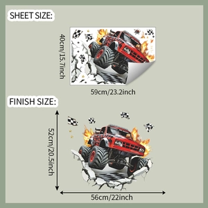 Detail of 3D monster truck wall decal showing sheet size and finish size dimensions