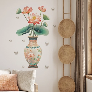 3D realistic floral wall decal with lotus vase design for living room home decoration