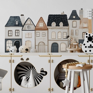 Stickers muraux de maisons de ville européennes pour chambre d'enfant style minimaliste