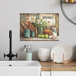 Vintage kitchen wall art sticker featuring wooden utensils, flowers, and rustic decor items
