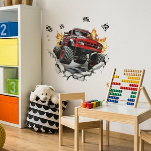 3D Monster Truck Wall Sticker Off-road Vehicle Fire Racing Flags Wall Decor PVC Removable Sticker For Kids Room Bedroom Home