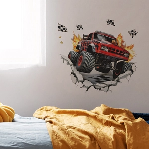3D monster truck wall sticker with red racing design and stone splash effect for kids room