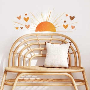 Boho sun and hearts wall sticker set in warm earth tones for a cozy bedroom decor