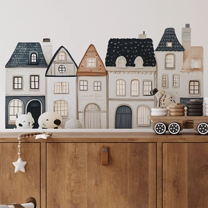 Stickers Muraux Maison Nordique pour Chambre d'Enfant PVC Motif Bâtiment Européen Imperméable Décalcomanie Murale Architecture Dessinée à la Main